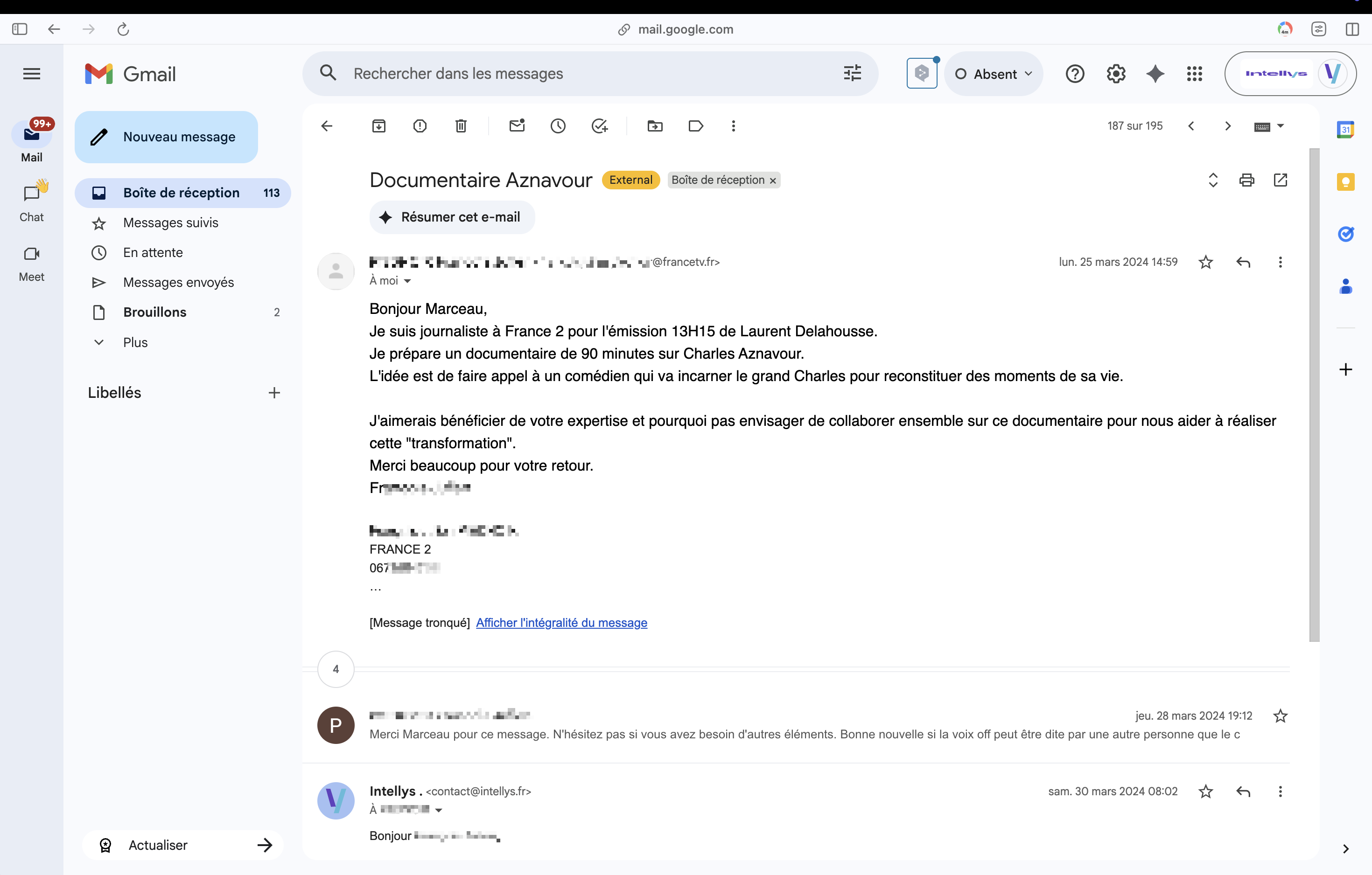 The France 2 email proposing a documentary on Aznavour